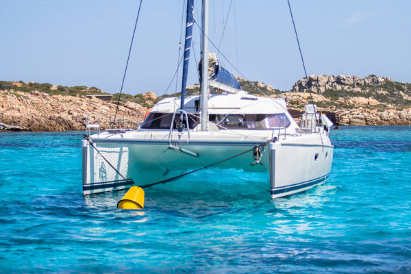 A large private motor yacht underway out at Mediterranean sea near the Sardinia Island, Italy